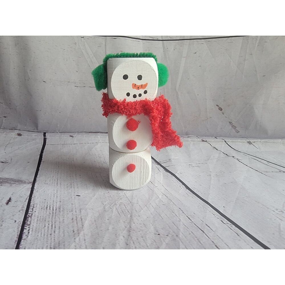 Handmade Wooden Snowman Winter Decor Shelf Tray Sitter Green Red Hand painted